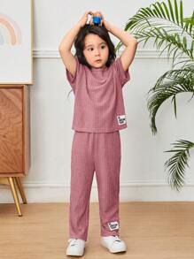 SHEIN Leap Crew 年輕女孩字母拼接下肩T恤和褲子 - 藕粉色 - 查看 4