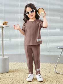 年輕女孩字母拼接細節垂墜肩短袖t恤和褲子套裝 - 摩卡棕 - 查看 5