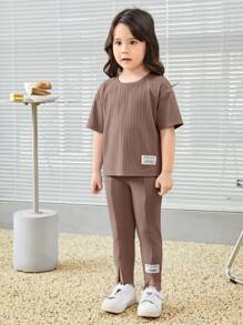 年輕女孩字母拼接細節垂墜肩短袖t恤和褲子套裝 - 摩卡棕 - 查看 6