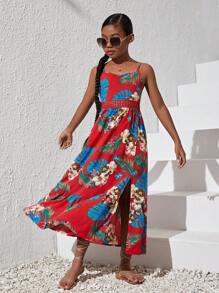 SHEIN Fille Robe À Fines Brides Imprimé Tropical Fendu