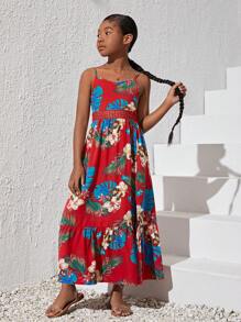 SHEIN Fille Robe À Fines Brides Imprimé Tropical Fendu