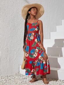 SHEIN Fille Robe À Fines Brides Imprimé Tropical Fendu