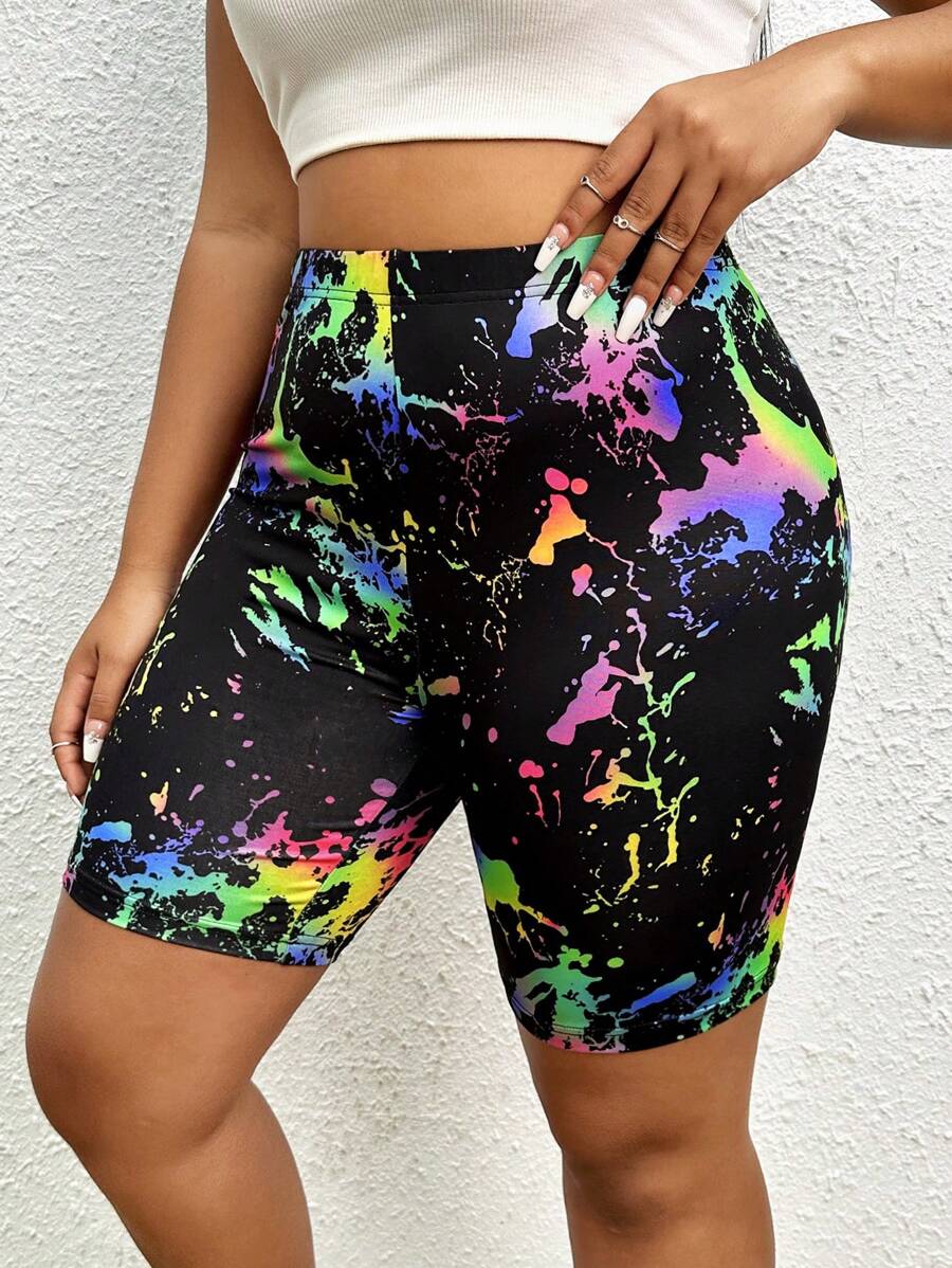 SHEIN EZwear Plus Splash Ink Print Biker Shorts - Multicolor - View 1