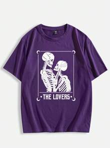 ROMWE MEN Goth Guys Cotton Skeleton Print Tee - Purple - View 1