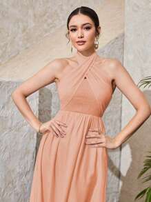 Mulvari Đầm Hội Chữ thập Buộc lại màu trơn Thanh lịch - Màu Hồng  San hô - Xem 3