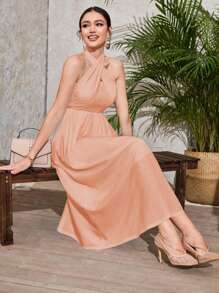 Mulvari Đầm Hội Chữ thập Buộc lại màu trơn Thanh lịch - Màu Hồng  San hô - Xem 4