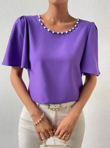 SHEIN Privé Pearls Beaded Puff Sleeve Blouse - Purple - View 1