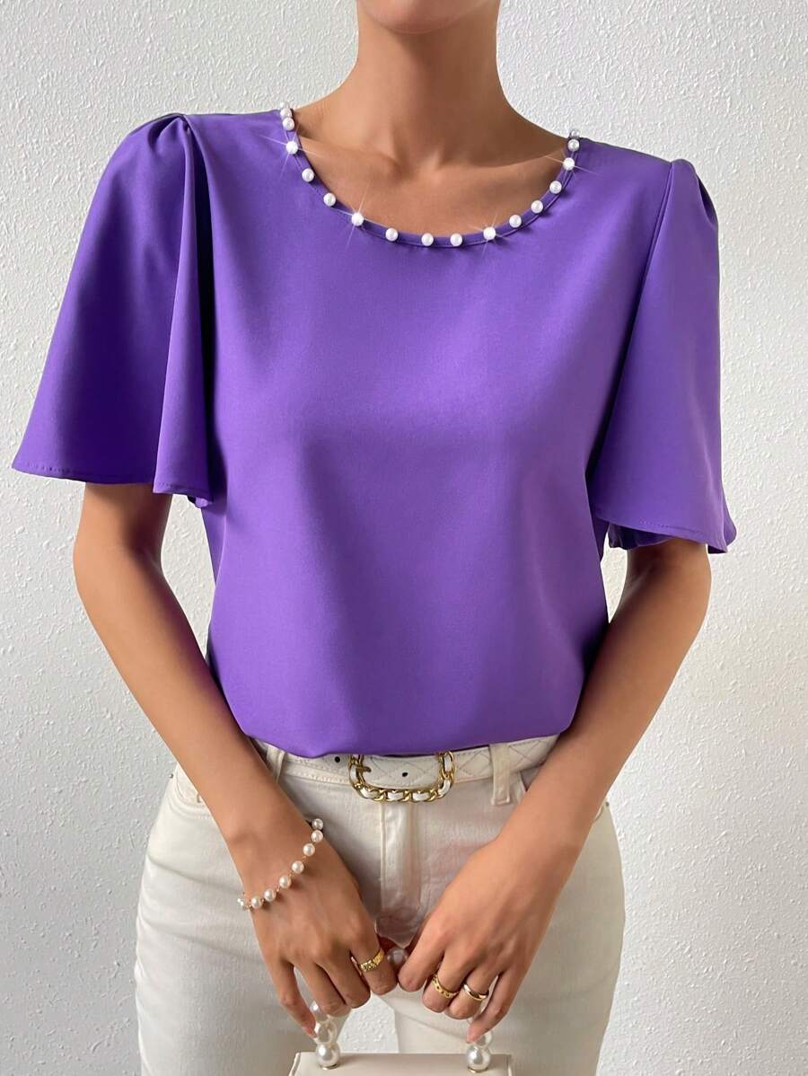 SHEIN Privé Pearls Beaded Puff Sleeve Blouse - Purple - View 1