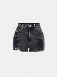 SHEIN 青少年女孩破洞毛邊牛仔短褲 - 深灰色 - 查看 1