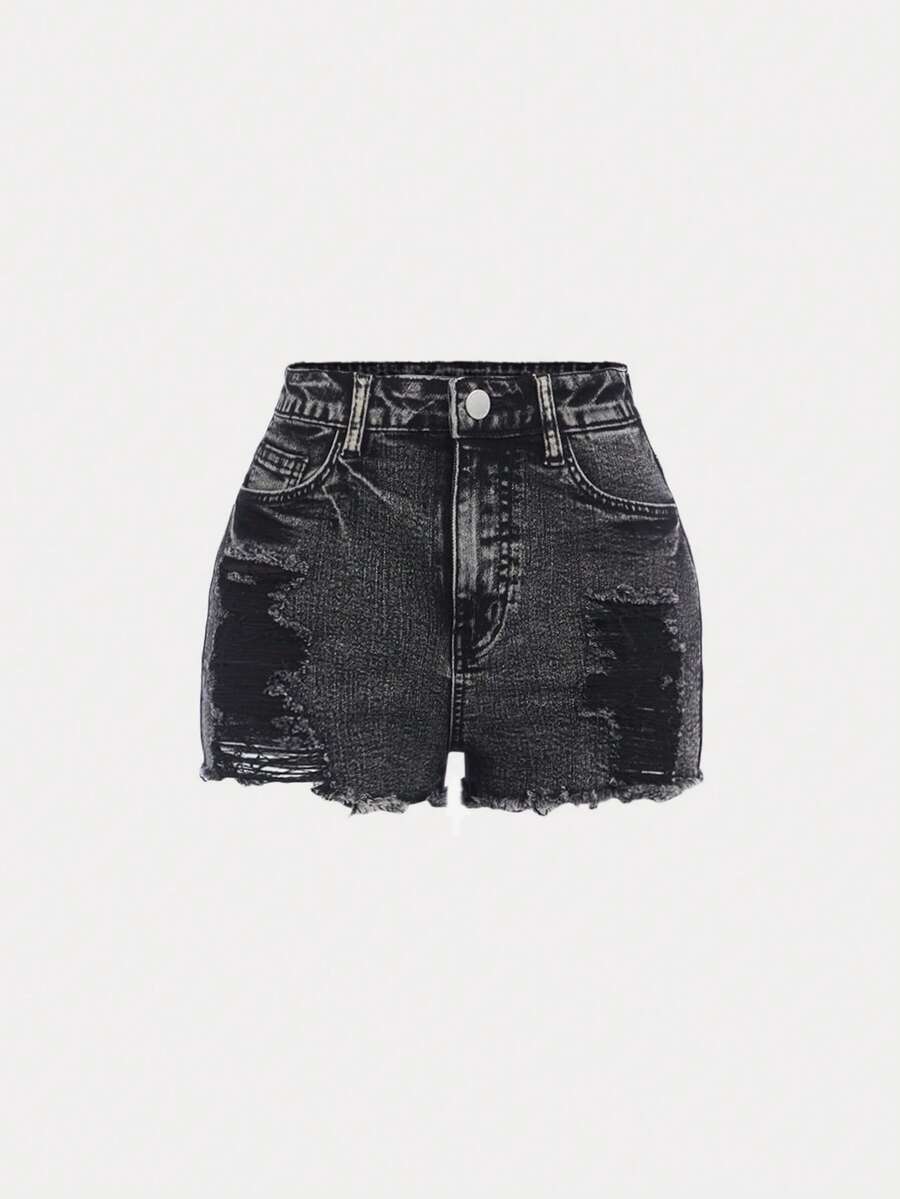 SHEIN 青少年女孩破洞毛邊牛仔短褲 - 深灰色 - 查看 1