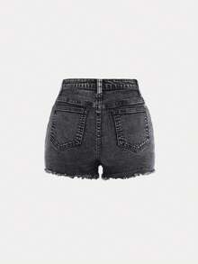 SHEIN 青少年女孩破洞毛邊牛仔短褲 - 深灰色 - 查看 2