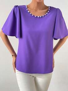 SHEIN Privé Pearls Beaded Puff Sleeve Blouse - Purple - View 3