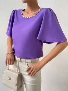 SHEIN Privé Pearls Beaded Puff Sleeve Blouse - Purple - View 6