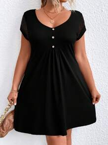 SHEIN LUNE Plus Contrast Lace Button Detail Dress - Black - View 1