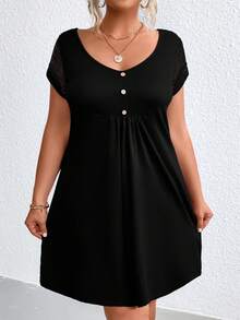 SHEIN LUNE Plus Contrast Lace Button Detail Dress - Black - View 4