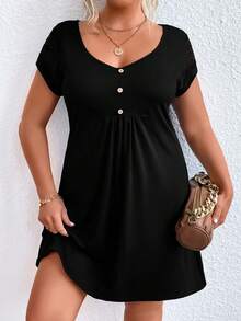 SHEIN LUNE Plus Contrast Lace Button Detail Dress - Black - View 5