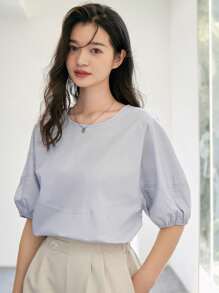 DAZY 素色泡泡袖襯衫 - 淺灰色 - 查看 3