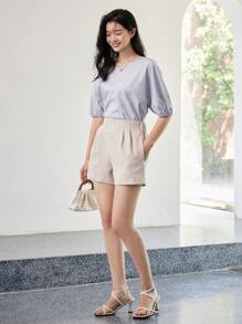 DAZY 素色泡泡袖襯衫 - 淺灰色 - 查看 4