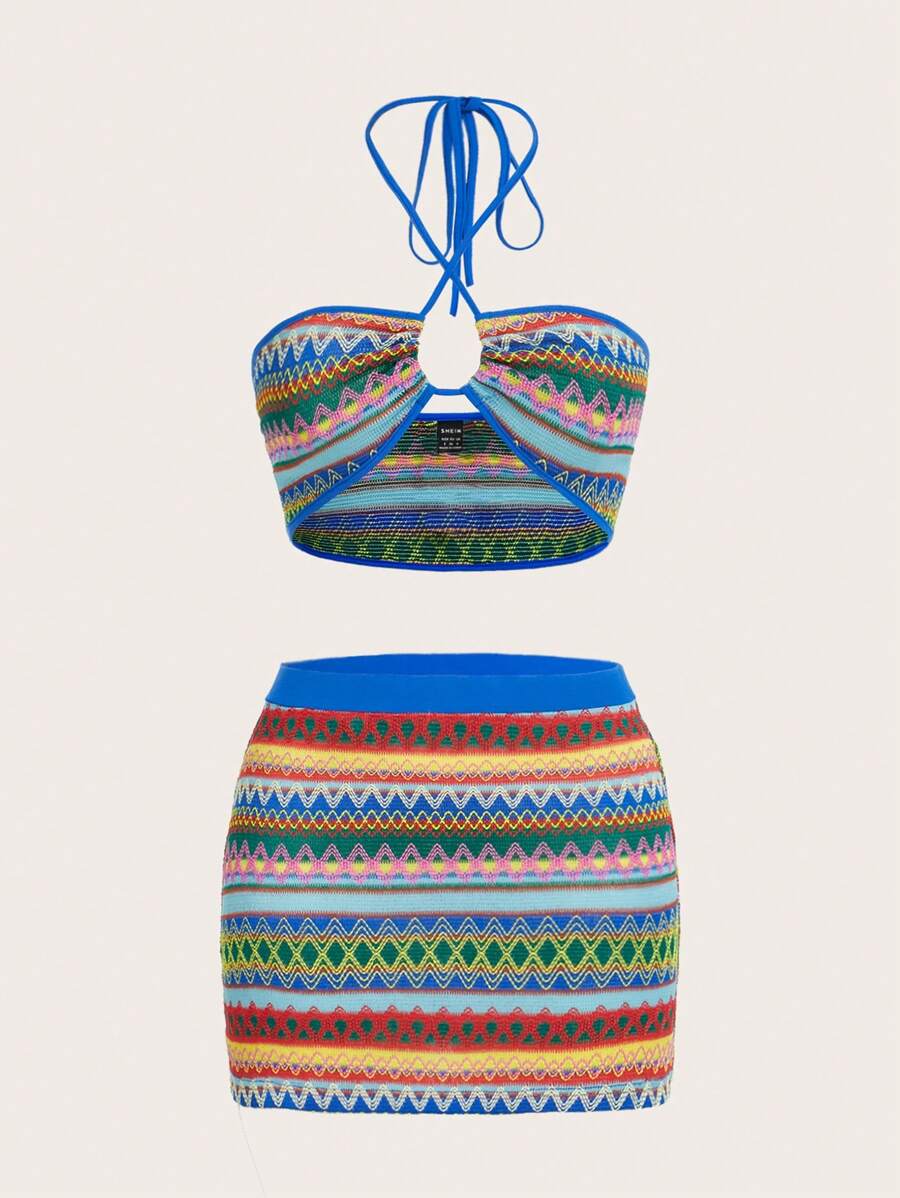 SHEIN ICON Geo Pattern Halter Top & Bodycon Skirt - Royal Blue - View 1