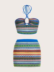 SHEIN ICON Geo Pattern Halter Top & Bodycon Skirt - Royal Blue - View 2