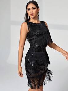 Váy dạ hội vừa vặn xếp tầng có viền đính sequin - màu đen - Xem 5