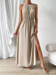 Firerie Solid Split Thigh Dress - Apricot - View 5