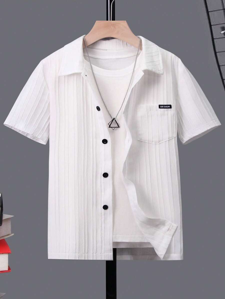 SHEIN 男孩字母補丁細節前口袋襯衫不帶T恤 - 白色 - 查看 1