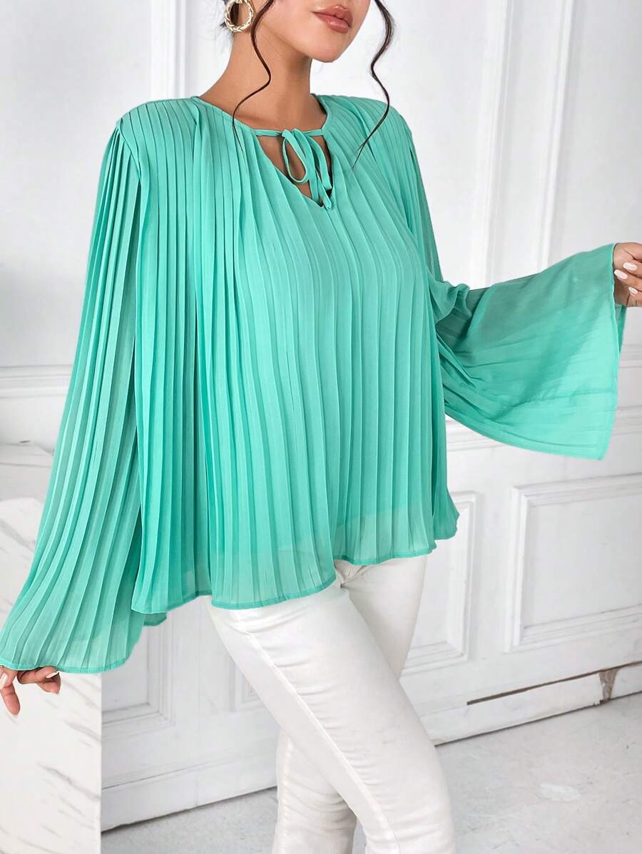 SHEIN Privé Solid Pleated Trumpet Sleeve Blouse - Mint Green - View 1