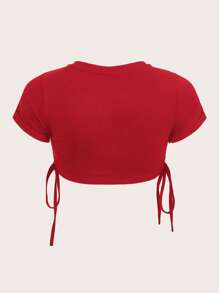 SHEIN ICON Slogan Graphic Drawstring Side Crop Top Thinking Alone What Is Your Greatest Wish? - Red - View 2