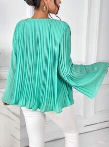 SHEIN Privé Solid Pleated Trumpet Sleeve Blouse - Mint Green - View 2