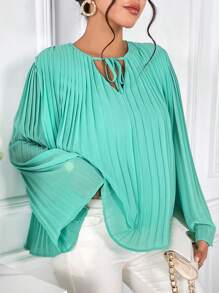 SHEIN Privé Solid Pleated Trumpet Sleeve Blouse - Mint Green - View 4