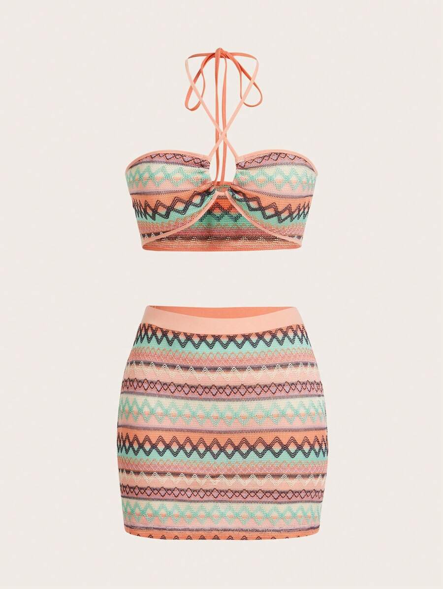 SHEIN ICON Chevron Print Halter Top & Bodycon Skirt - Coral Pink - View 1