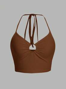 SHEIN ICON Áo khoác và áo lót dành cho xe tăng nữ Lộ Lưng Nhẫn Xù Buộc lại Gân đan màu trơn Giải trí - Cà phê nâu - Xem 1