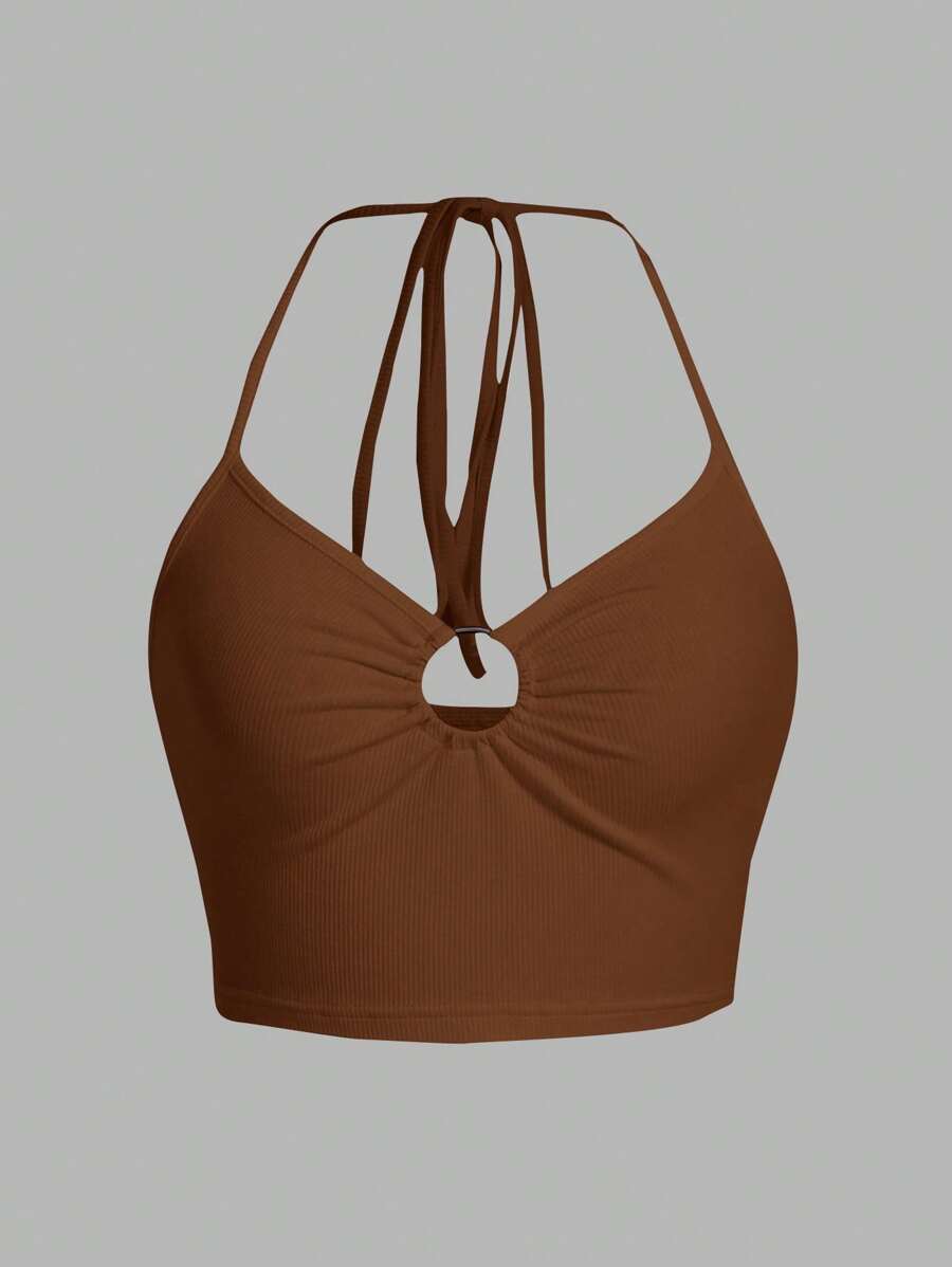 SHEIN ICON Áo khoác và áo lót dành cho xe tăng nữ Lộ Lưng Nhẫn Xù Buộc lại Gân đan màu trơn Giải trí - Cà phê nâu - Xem 1