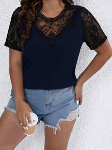 SHEIN LUNE Plus Contrast Lace Panel Tee - Navy Blue - View 1