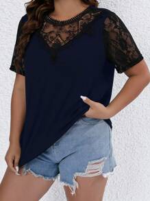 SHEIN LUNE Plus Contrast Lace Panel Tee - Navy Blue - View 3