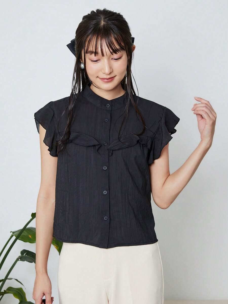 DAZY Áo sơ mi nữ Xù Nút phía trước màu trơn Giải trí - màu đen - Xem 1