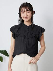 DAZY Áo sơ mi nữ Xù Nút phía trước màu trơn Giải trí - màu đen - Xem 8