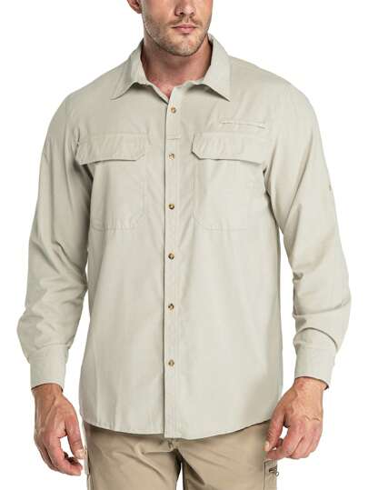 Men Flap Pocket Button Up Shirt, Breathable