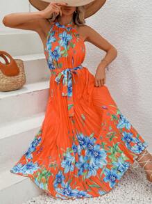 SHEIN VCAY 印花百褶下擺繫腰帶連衣裙 - 橘色 - 查看 4