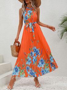 SHEIN VCAY 印花百褶下擺繫腰帶連衣裙 - 橘色 - 查看 5