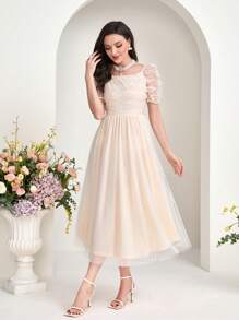 Modelyn Puff Sleeve Mesh Overlay Dress - Apricot - View 1