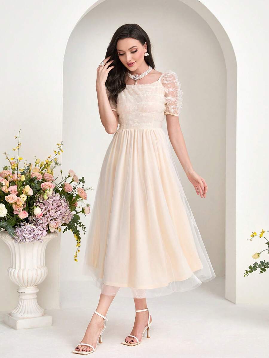 Modelyn Puff Sleeve Mesh Overlay Dress - Apricot - View 1