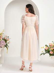 Modelyn Puff Sleeve Mesh Overlay Dress - Apricot - View 2