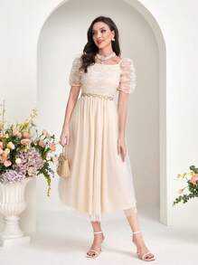 Modelyn Puff Sleeve Mesh Overlay Dress - Apricot - View 3