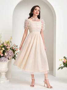 Modelyn Puff Sleeve Mesh Overlay Dress - Apricot - View 4