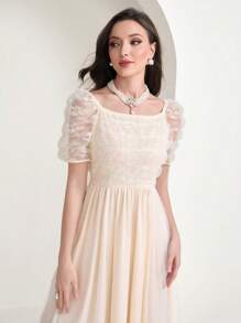 Modelyn Puff Sleeve Mesh Overlay Dress - Apricot - View 5
