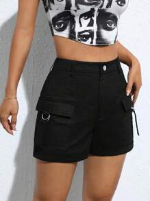 SHEIN PETITE 翻蓋口袋帶扣細節工裝短褲 - 黑色 - 查看 3