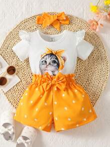 Baby Girl Cartoon Graphic Ruffle Trim Tee & Heart Print Bow Front Shorts - Multicolor - View 3
