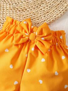 Baby Girl Cartoon Graphic Ruffle Trim Tee & Heart Print Bow Front Shorts - Multicolor - View 6
